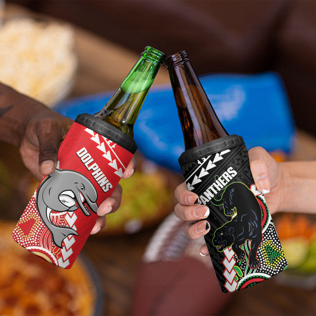 Custom Rugby Panthers and Dolphins 4 in 1 Can Cooler Tumbler 2026 Together Aboriginal Polynesian Pattern