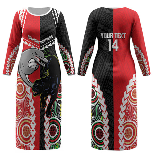 Custom Rugby Panthers and Dolphins Couples Matching Long Sleeve Bodycon Dress and Hawaiian Shirt 2026 Together Aboriginal Polynesian Pattern LT14
