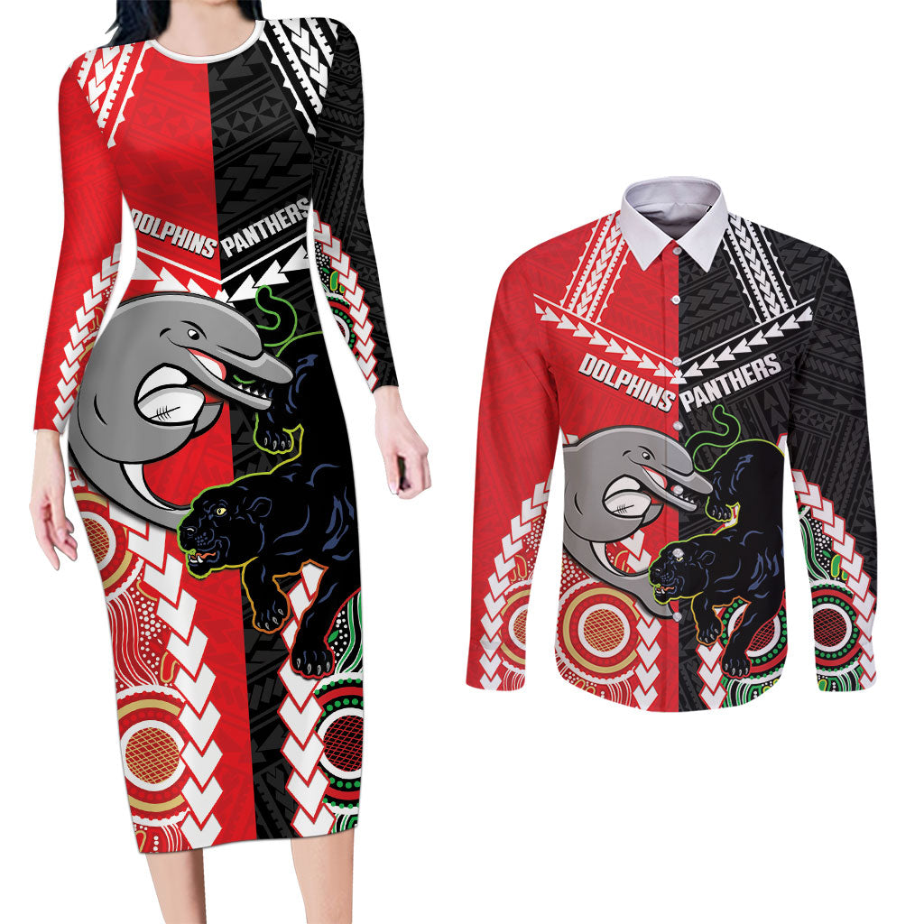 Custom Rugby Panthers and Dolphins Couples Matching Long Sleeve Bodycon Dress and Long Sleeve Button Shirt 2026 Together Aboriginal Polynesian Pattern