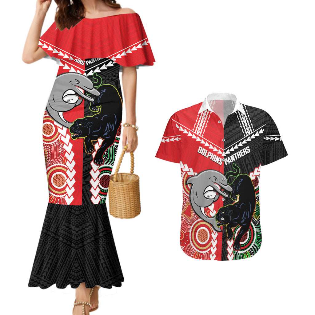 Custom Rugby Panthers and Dolphins Couples Matching Mermaid Dress and Hawaiian Shirt 2026 Together Aboriginal Polynesian Pattern