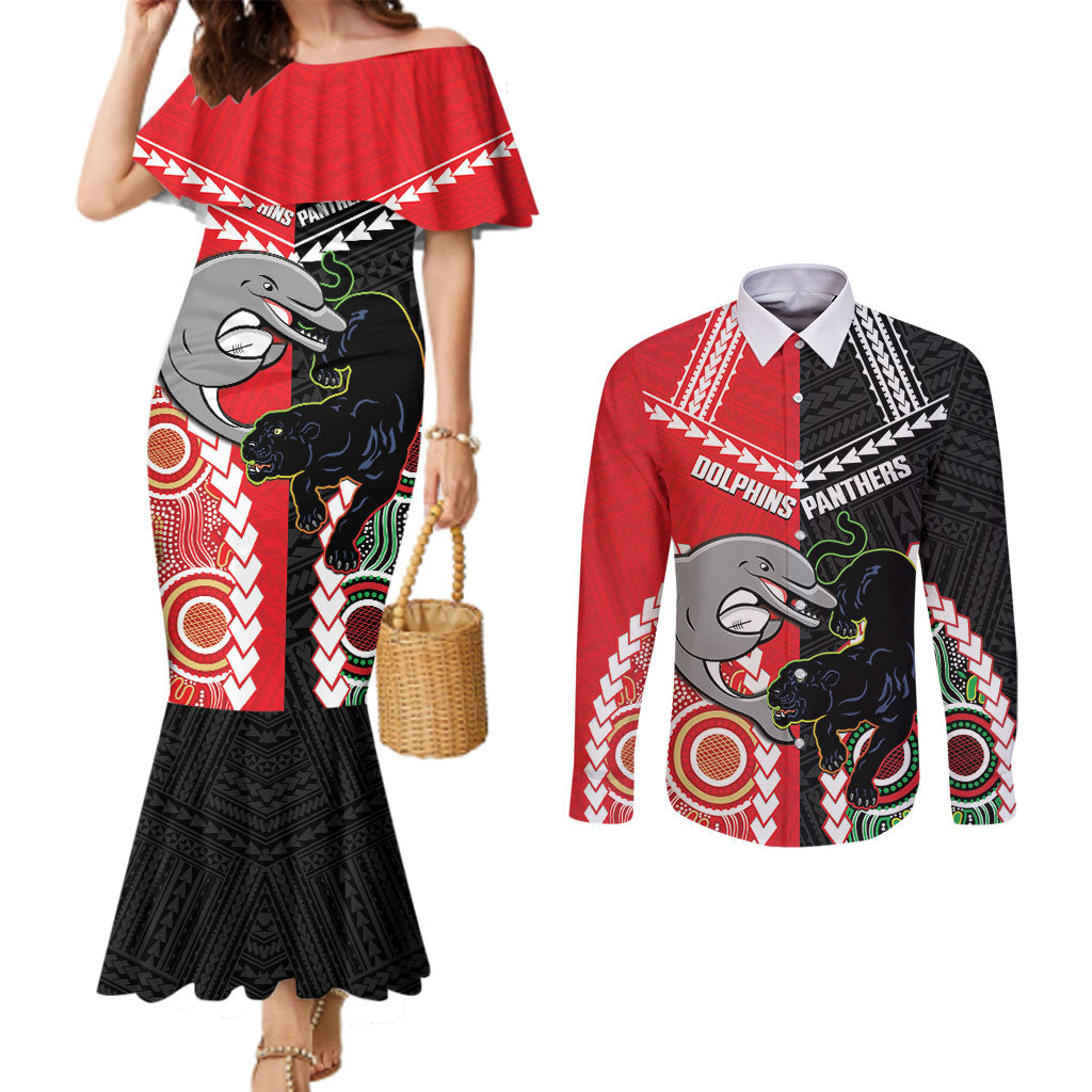 Custom Rugby Panthers and Dolphins Couples Matching Mermaid Dress and Long Sleeve Button Shirt 2026 Together Aboriginal Polynesian Pattern