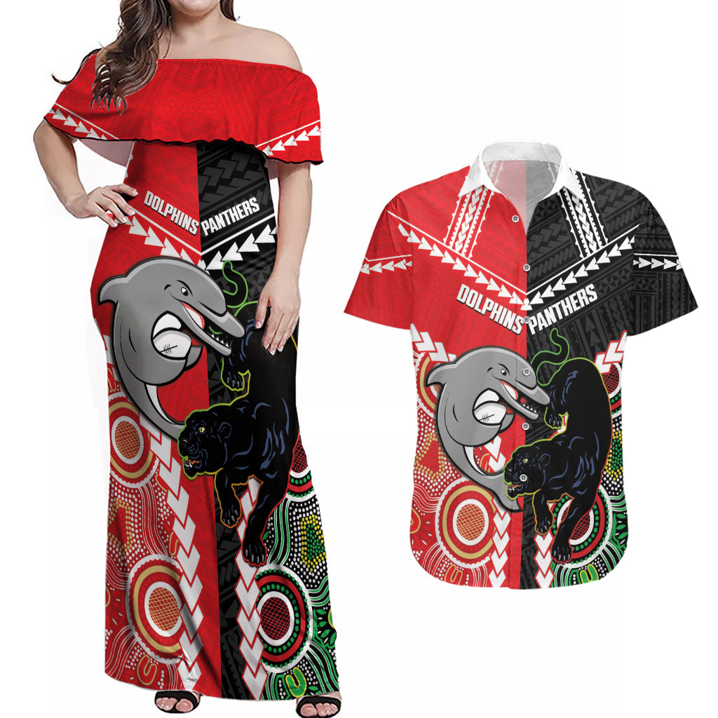 Custom Rugby Panthers and Dolphins Couples Matching Off Shoulder Maxi Dress and Hawaiian Shirt 2026 Together Aboriginal Polynesian Pattern