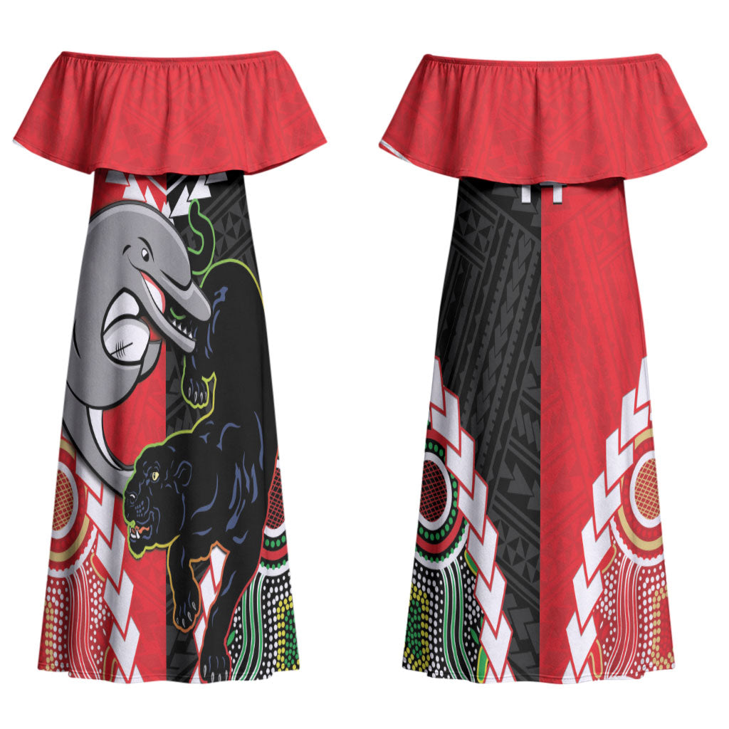 Custom Rugby Panthers and Dolphins Couples Matching Off Shoulder Maxi Dress and Hawaiian Shirt 2026 Together Aboriginal Polynesian Pattern LT14