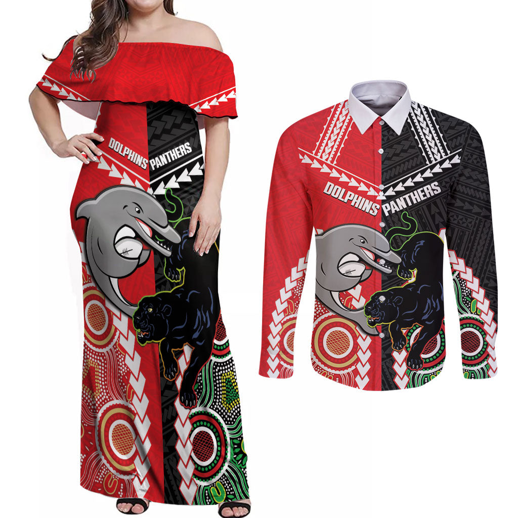 Custom Rugby Panthers and Dolphins Couples Matching Off Shoulder Maxi Dress and Long Sleeve Button Shirt 2026 Together Aboriginal Polynesian Pattern