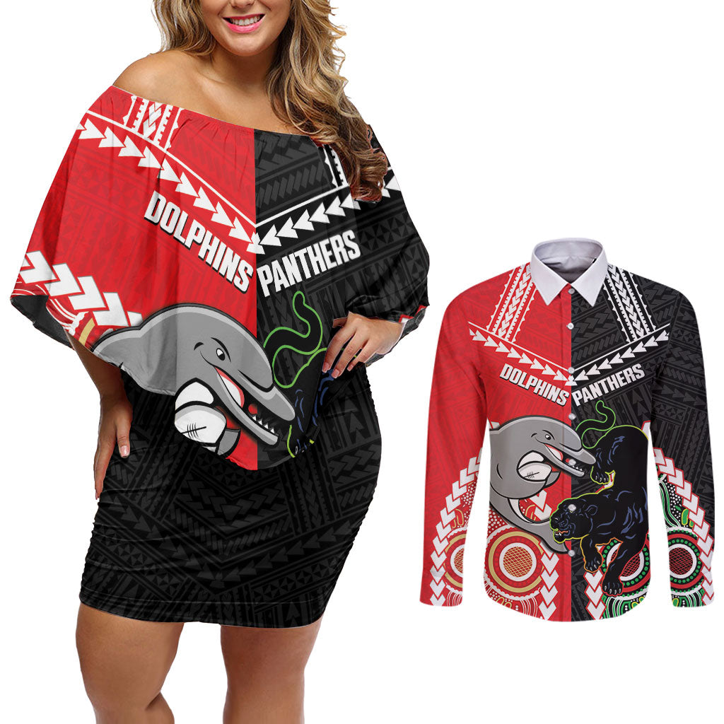 Custom Rugby Panthers and Dolphins Couples Matching Off Shoulder Short Dress and Long Sleeve Button Shirt 2026 Together Aboriginal Polynesian Pattern