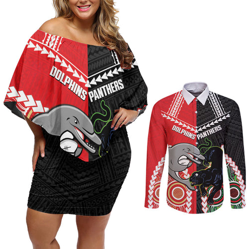 Custom Rugby Panthers and Dolphins Couples Matching Off Shoulder Short Dress and Long Sleeve Button Shirt 2026 Together Aboriginal Polynesian Pattern