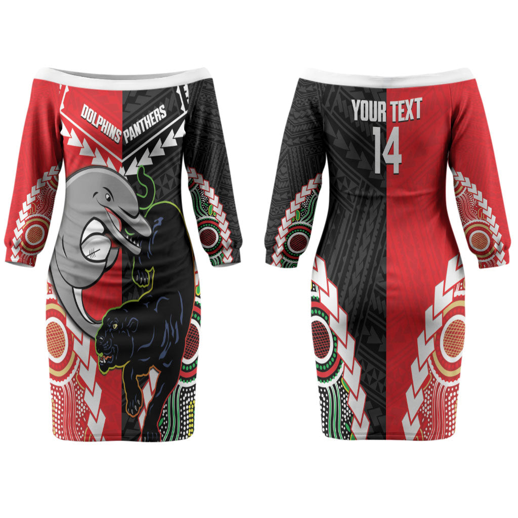 Custom Rugby Panthers and Dolphins Couples Matching Off The Shoulder Long Sleeve Dress and Long Sleeve Button Shirt 2026 Together Aboriginal Polynesian Pattern LT14