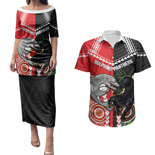 Custom Rugby Panthers and Dolphins Couples Matching Puletasi and Hawaiian Shirt 2026 Together Aboriginal Polynesian Pattern