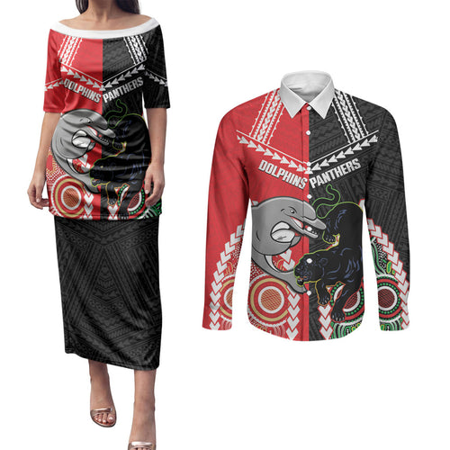 Custom Rugby Panthers and Dolphins Couples Matching Puletasi and Long Sleeve Button Shirt 2026 Together Aboriginal Polynesian Pattern