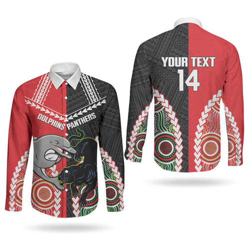 Custom Rugby Panthers and Dolphins Couples Matching Puletasi and Long Sleeve Button Shirt 2026 Together Aboriginal Polynesian Pattern