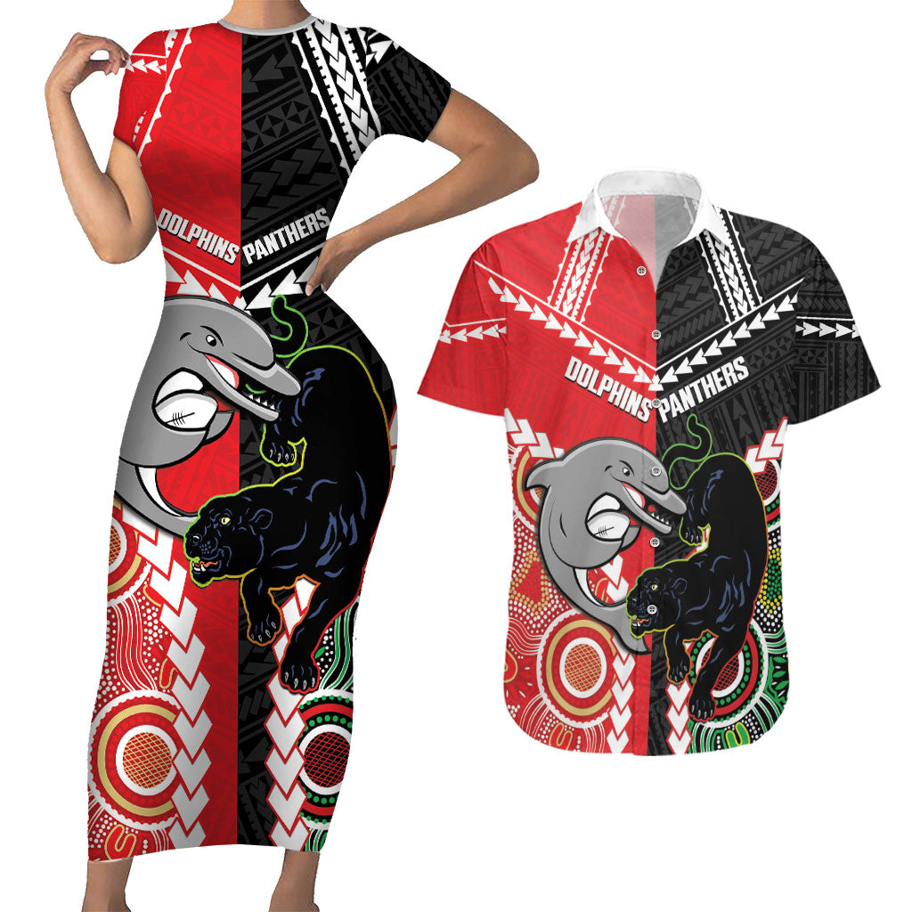 Custom Rugby Panthers and Dolphins Couples Matching Short Sleeve Bodycon Dress and Hawaiian Shirt 2026 Together Aboriginal Polynesian Pattern