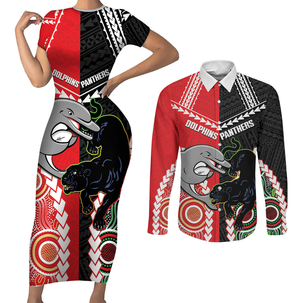 Custom Rugby Panthers and Dolphins Couples Matching Short Sleeve Bodycon Dress and Long Sleeve Button Shirt 2026 Together Aboriginal Polynesian Pattern