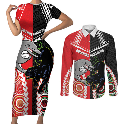 Custom Rugby Panthers and Dolphins Couples Matching Short Sleeve Bodycon Dress and Long Sleeve Button Shirt 2026 Together Aboriginal Polynesian Pattern