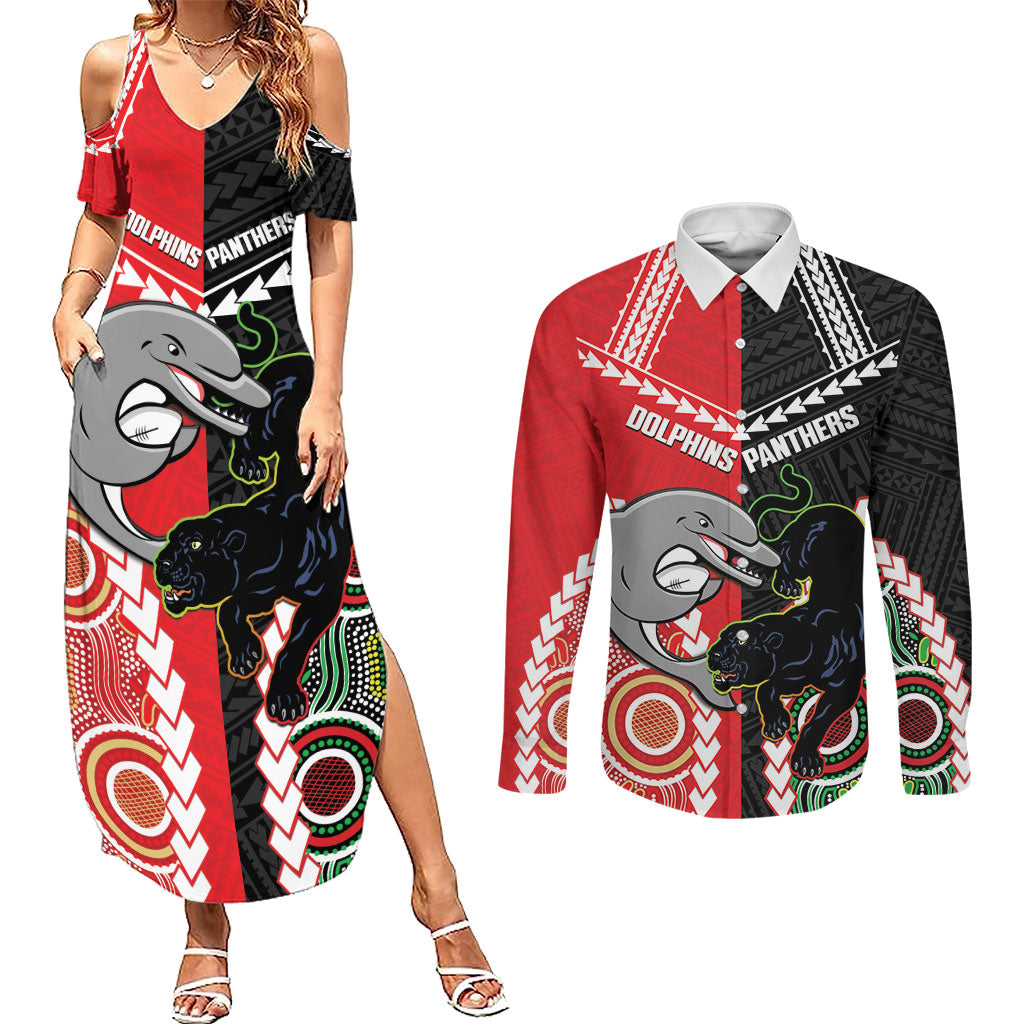 Custom Rugby Panthers and Dolphins Couples Matching Summer Maxi Dress and Long Sleeve Button Shirt 2026 Together Aboriginal Polynesian Pattern