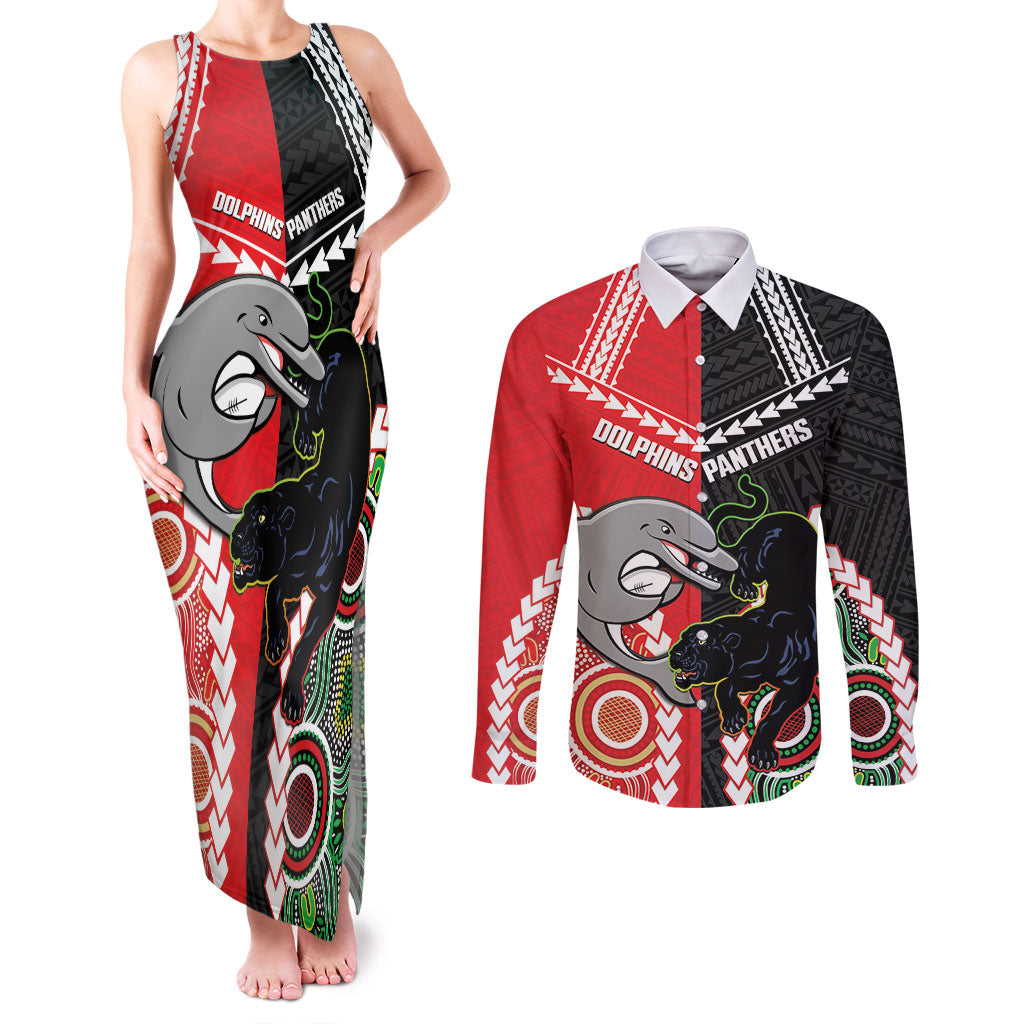 Custom Rugby Panthers and Dolphins Couples Matching Tank Maxi Dress and Long Sleeve Button Shirt 2026 Together Aboriginal Polynesian Pattern