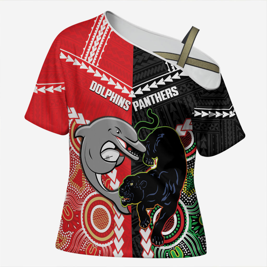 Custom Rugby Panthers and Dolphins Cross Shoulder Shirt 2026 Together Aboriginal Polynesian Pattern