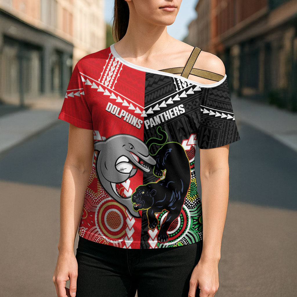 Custom Rugby Panthers and Dolphins Cross Shoulder Shirt 2026 Together Aboriginal Polynesian Pattern