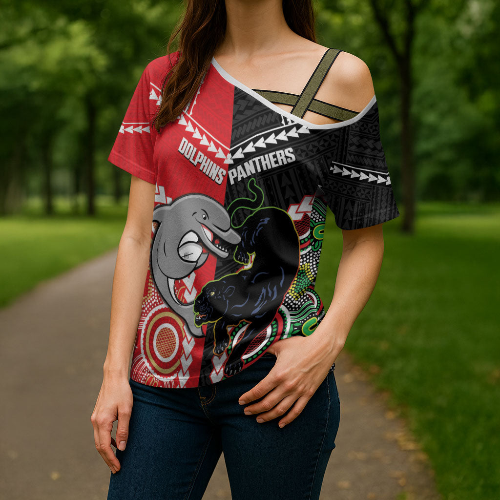 Custom Rugby Panthers and Dolphins Cross Shoulder Shirt 2026 Together Aboriginal Polynesian Pattern