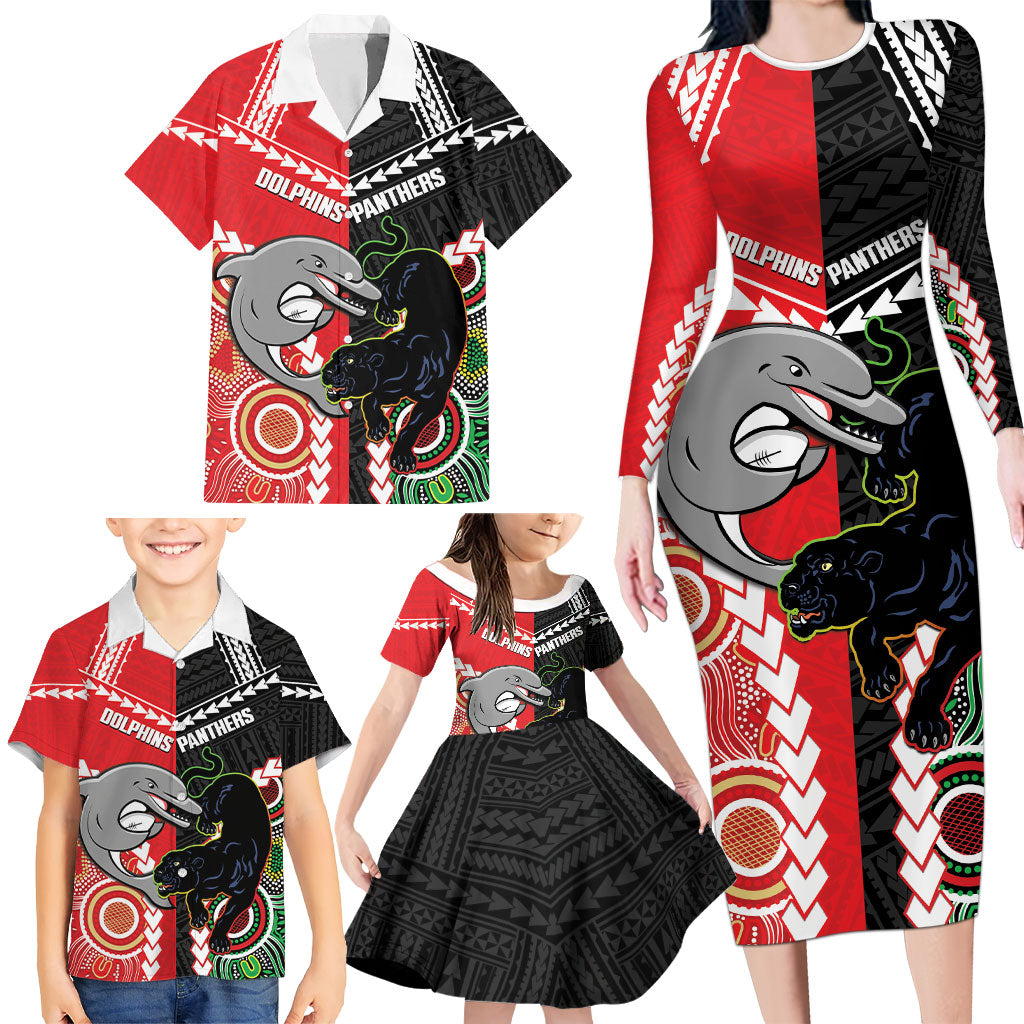 Custom Rugby Panthers and Dolphins Family Matching Long Sleeve Bodycon Dress and Hawaiian Shirt 2026 Together Aboriginal Polynesian Pattern