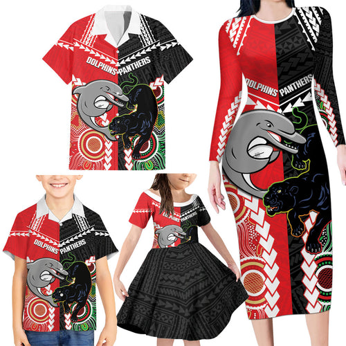 Custom Rugby Panthers and Dolphins Family Matching Long Sleeve Bodycon Dress and Hawaiian Shirt 2026 Together Aboriginal Polynesian Pattern
