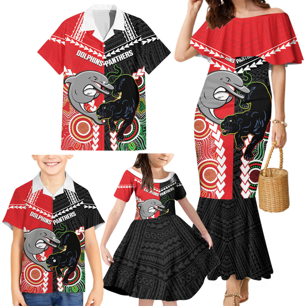 Custom Rugby Panthers and Dolphins Family Matching Mermaid Dress and Hawaiian Shirt 2026 Together Aboriginal Polynesian Pattern
