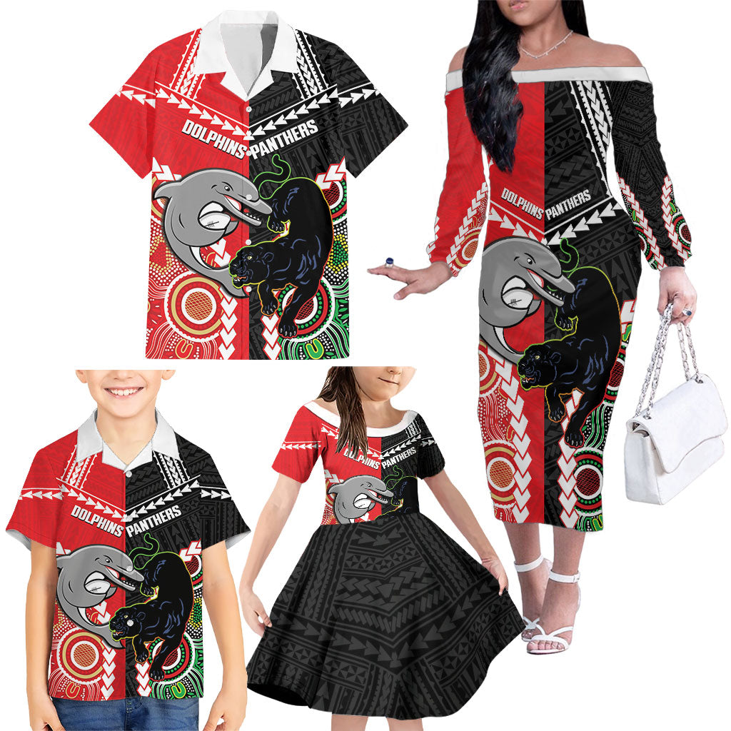 Custom Rugby Panthers and Dolphins Family Matching Off The Shoulder Long Sleeve Dress and Hawaiian Shirt 2026 Together Aboriginal Polynesian Pattern