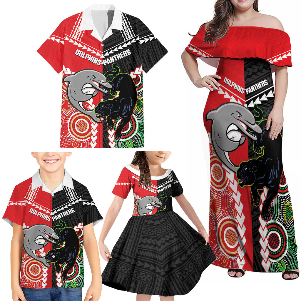 Custom Rugby Panthers and Dolphins Family Matching Off Shoulder Maxi Dress and Hawaiian Shirt 2026 Together Aboriginal Polynesian Pattern