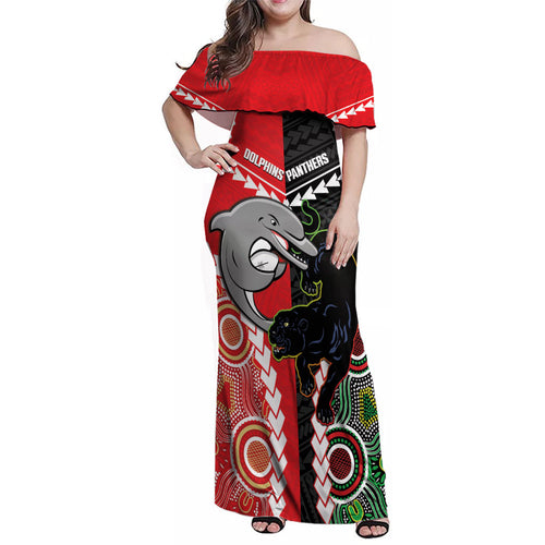 Custom Rugby Panthers and Dolphins Family Matching Off Shoulder Maxi Dress and Hawaiian Shirt 2026 Together Aboriginal Polynesian Pattern