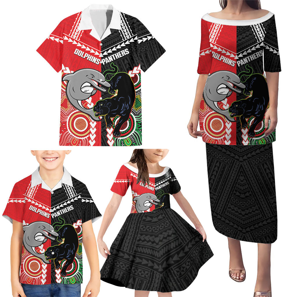 Custom Rugby Panthers and Dolphins Family Matching Puletasi and Hawaiian Shirt 2026 Together Aboriginal Polynesian Pattern