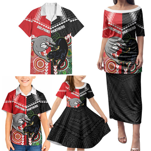 Custom Rugby Panthers and Dolphins Family Matching Puletasi and Hawaiian Shirt 2026 Together Aboriginal Polynesian Pattern