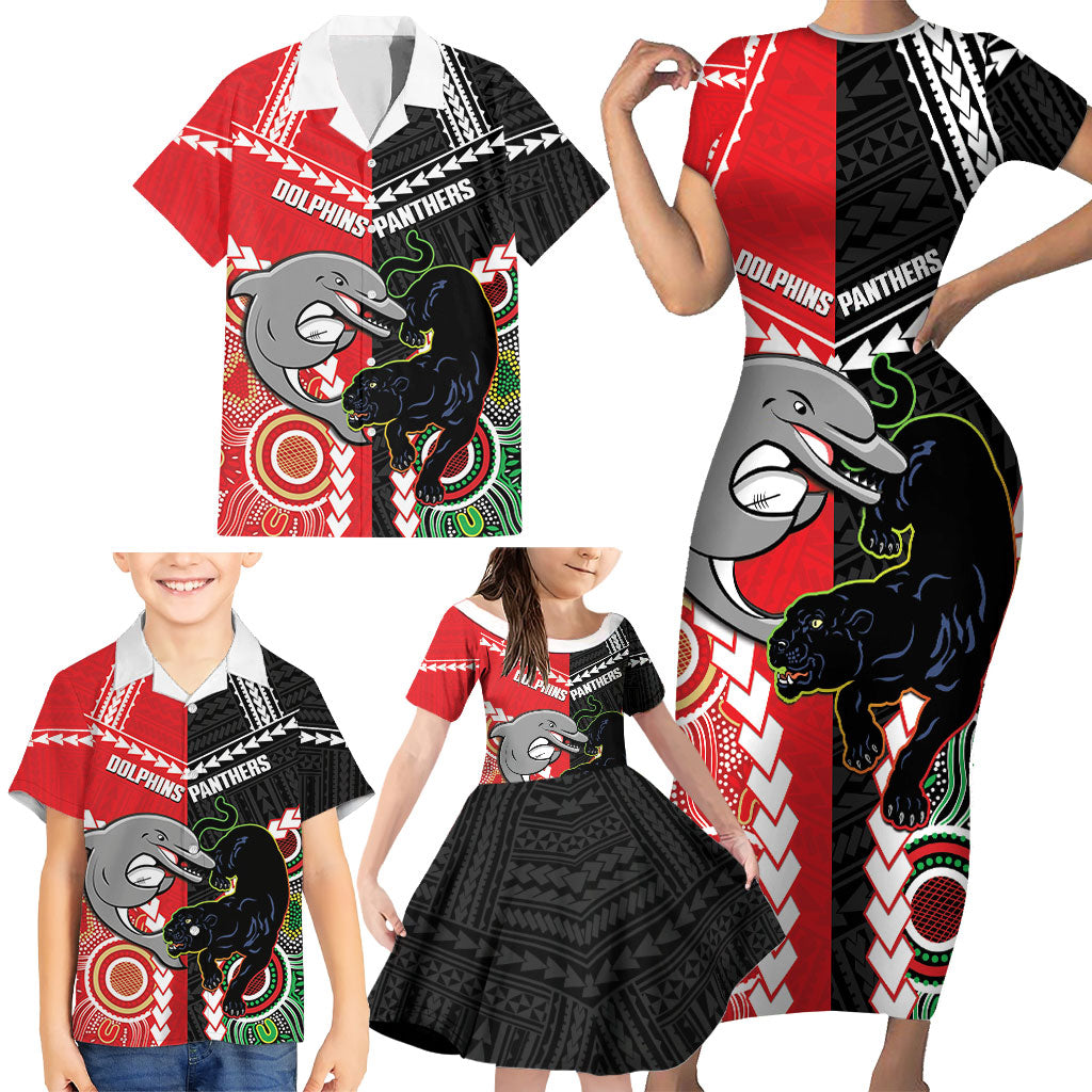 Custom Rugby Panthers and Dolphins Family Matching Short Sleeve Bodycon Dress and Hawaiian Shirt 2026 Together Aboriginal Polynesian Pattern