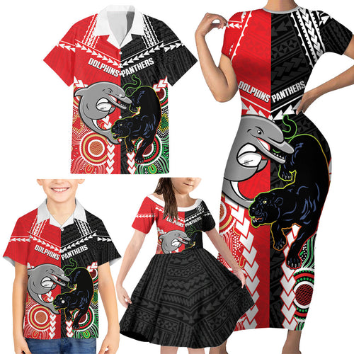 Custom Rugby Panthers and Dolphins Family Matching Short Sleeve Bodycon Dress and Hawaiian Shirt 2026 Together Aboriginal Polynesian Pattern