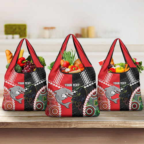 Custom Rugby Panthers and Dolphins Grocery Bag 2026 Together Aboriginal Polynesian Pattern