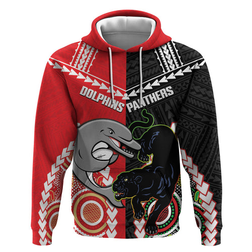 Custom Rugby Panthers and Dolphins Hoodie 2026 Together Aboriginal Polynesian Pattern