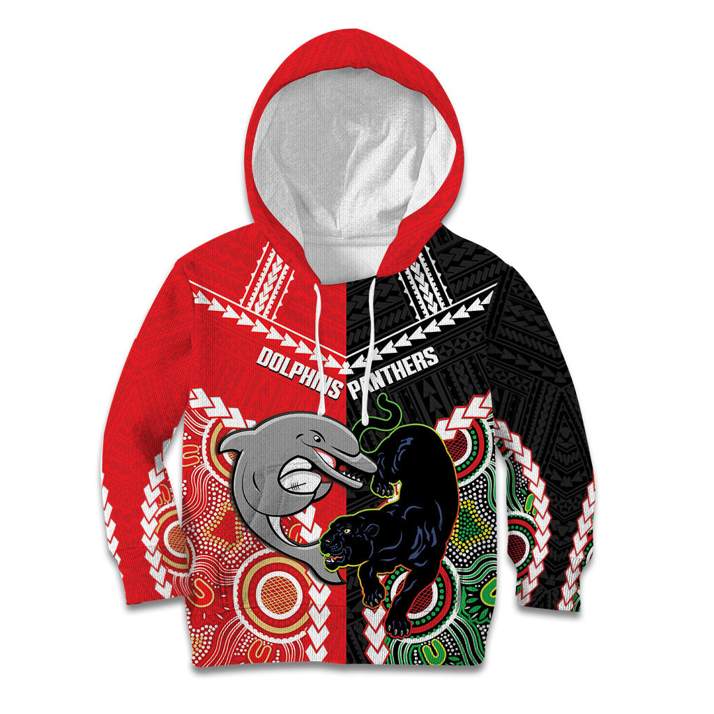 Custom Rugby Panthers and Dolphins Kid Hoodie 2026 Together Aboriginal Polynesian Pattern