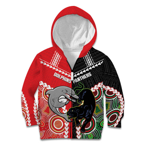 Custom Rugby Panthers and Dolphins Kid Hoodie 2026 Together Aboriginal Polynesian Pattern