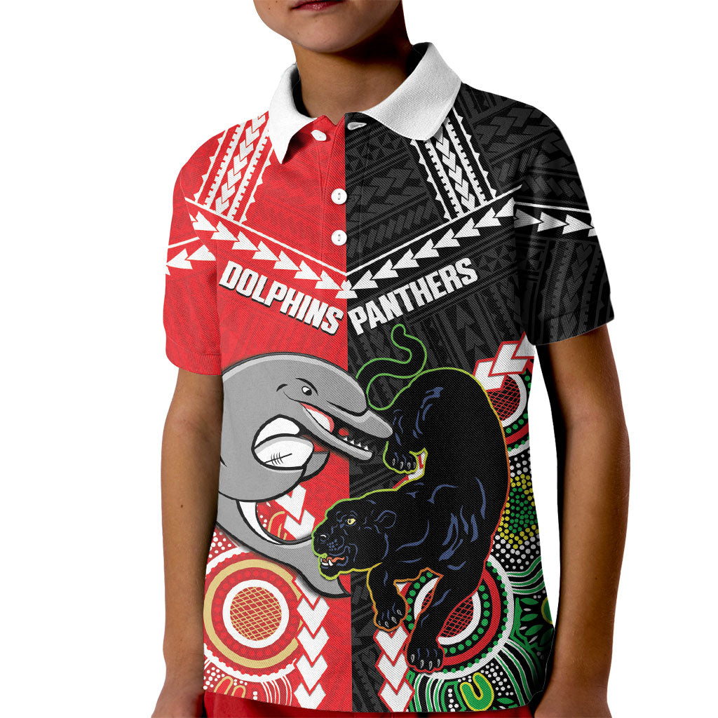 Custom Rugby Panthers and Dolphins Kid Polo Shirt 2026 Together Aboriginal Polynesian Pattern