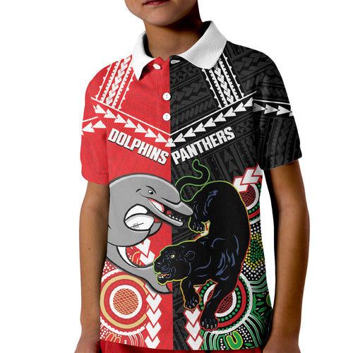 Custom Rugby Panthers and Dolphins Kid Polo Shirt 2026 Together Aboriginal Polynesian Pattern