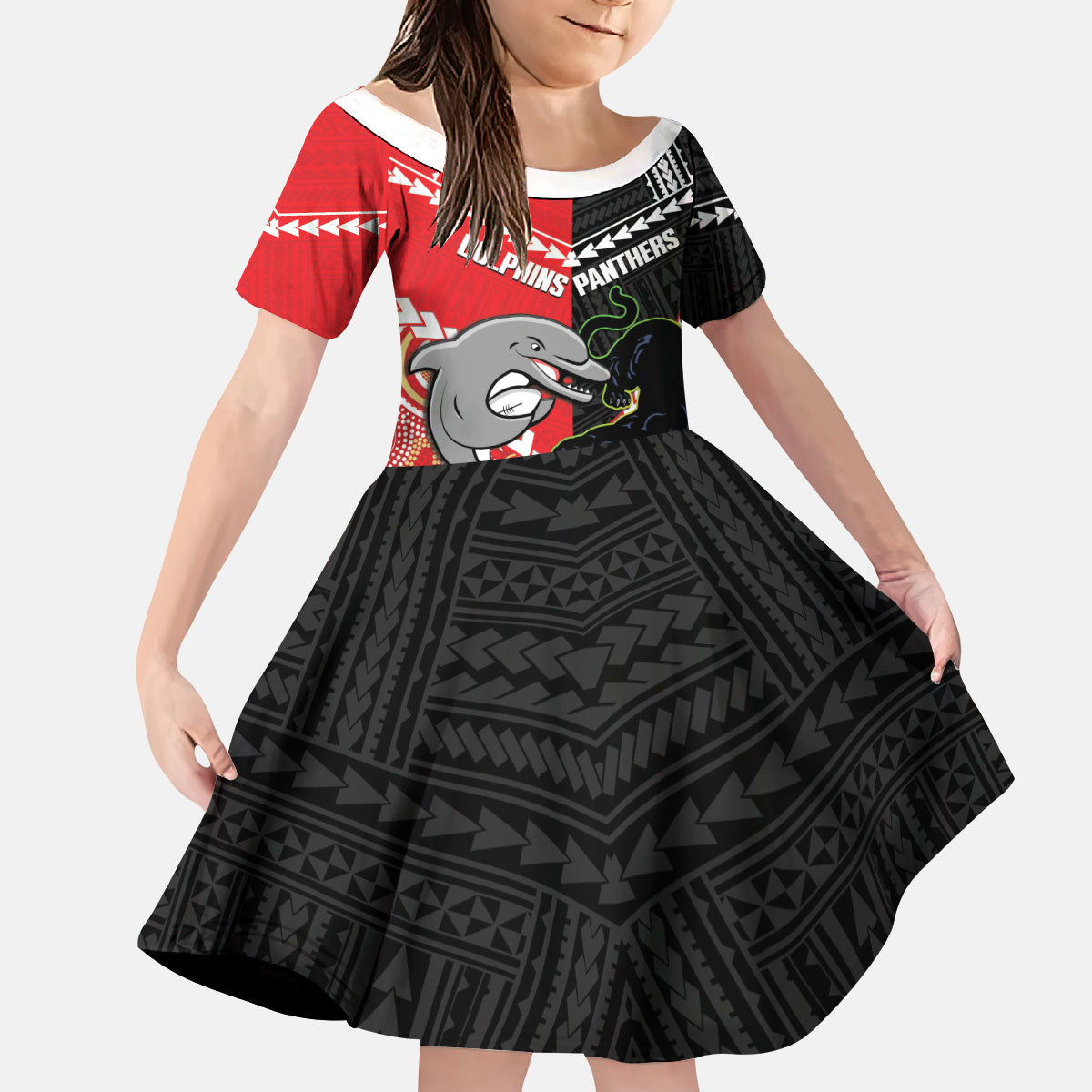 Custom Rugby Panthers and Dolphins Kid Short Sleeve Dress 2026 Together Aboriginal Polynesian Pattern