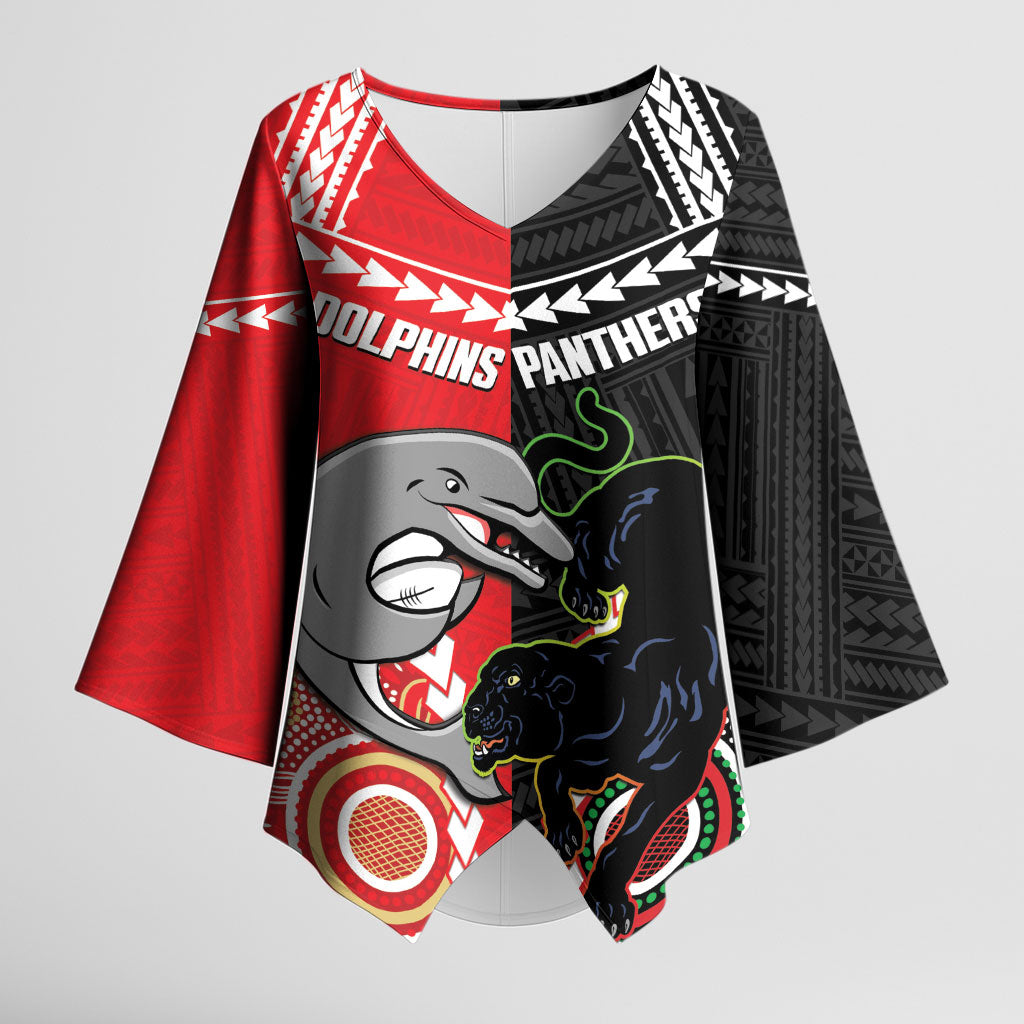 Custom Rugby Panthers and Dolphins Kimono Sleeve Blouse 2026 Together Aboriginal Polynesian Pattern