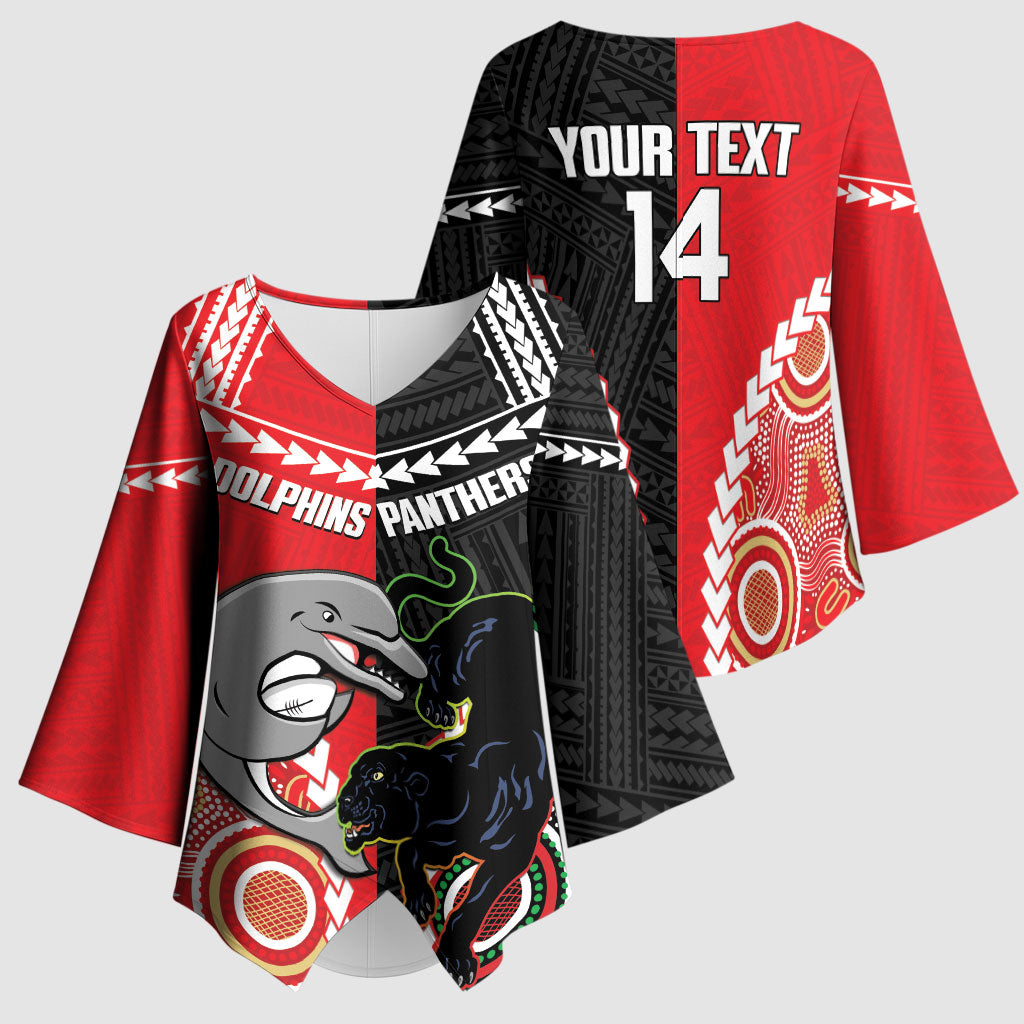 Custom Rugby Panthers and Dolphins Kimono Sleeve Blouse 2026 Together Aboriginal Polynesian Pattern