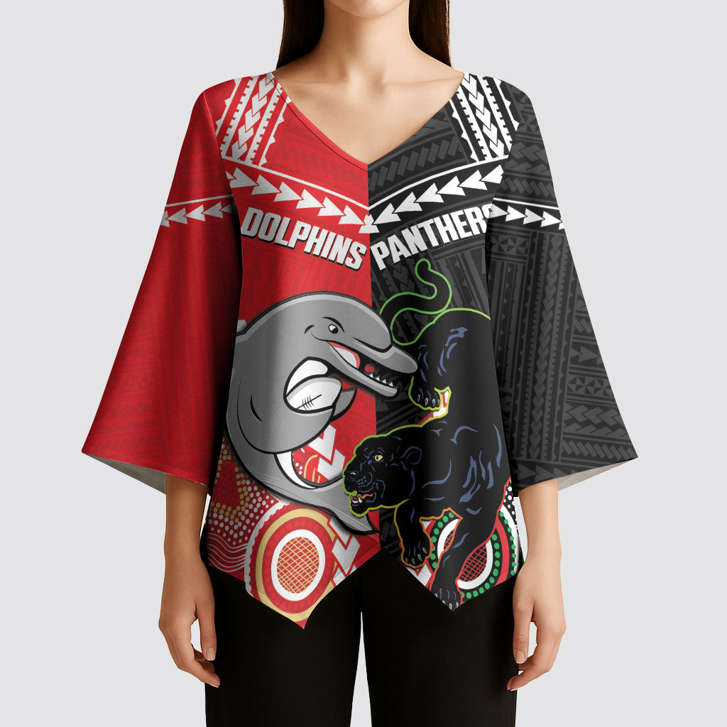 Custom Rugby Panthers and Dolphins Kimono Sleeve Blouse 2026 Together Aboriginal Polynesian Pattern