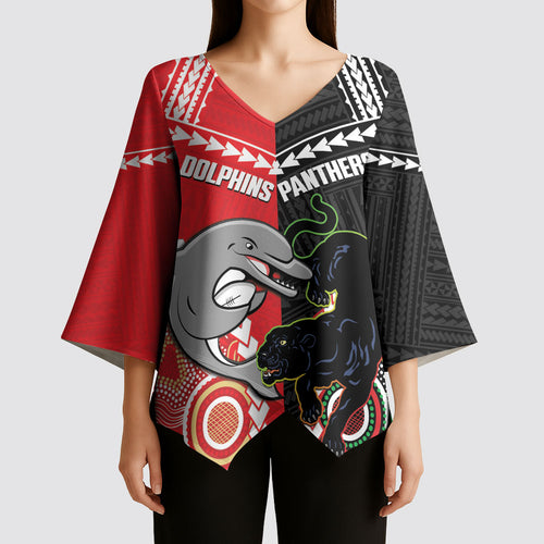 Custom Rugby Panthers and Dolphins Kimono Sleeve Blouse 2026 Together Aboriginal Polynesian Pattern