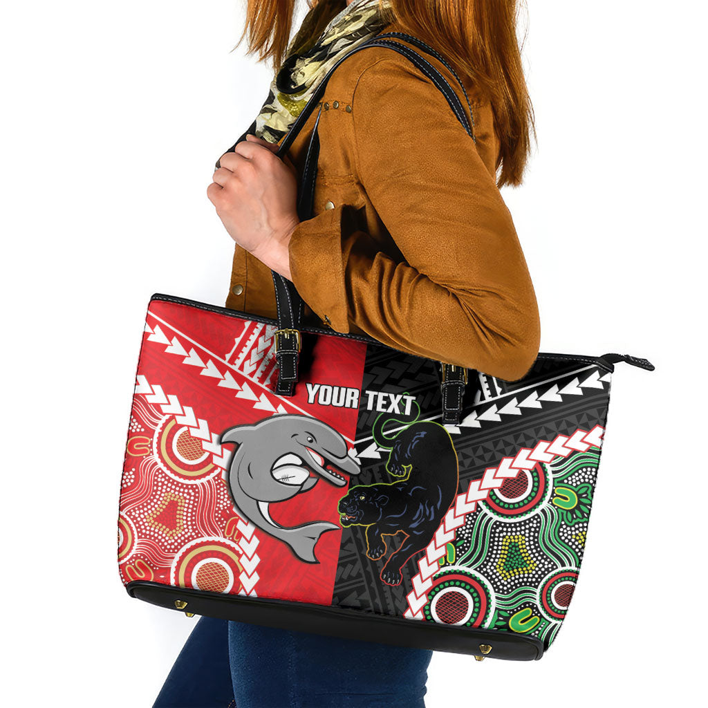 Custom Rugby Panthers and Dolphins Leather Tote Bag 2026 Together Aboriginal Polynesian Pattern
