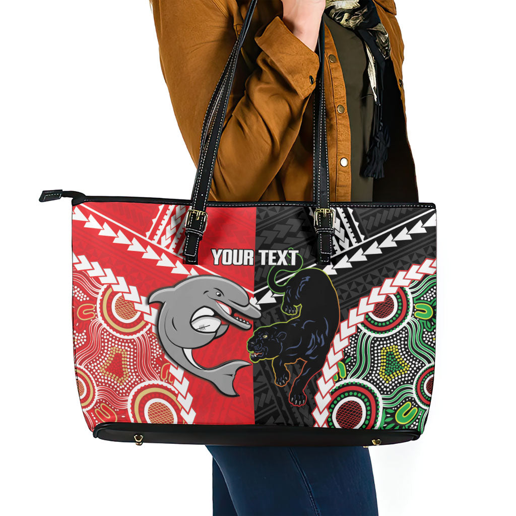 Custom Rugby Panthers and Dolphins Leather Tote Bag 2026 Together Aboriginal Polynesian Pattern