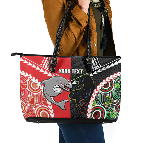 Custom Rugby Panthers and Dolphins Leather Tote Bag 2026 Together Aboriginal Polynesian Pattern