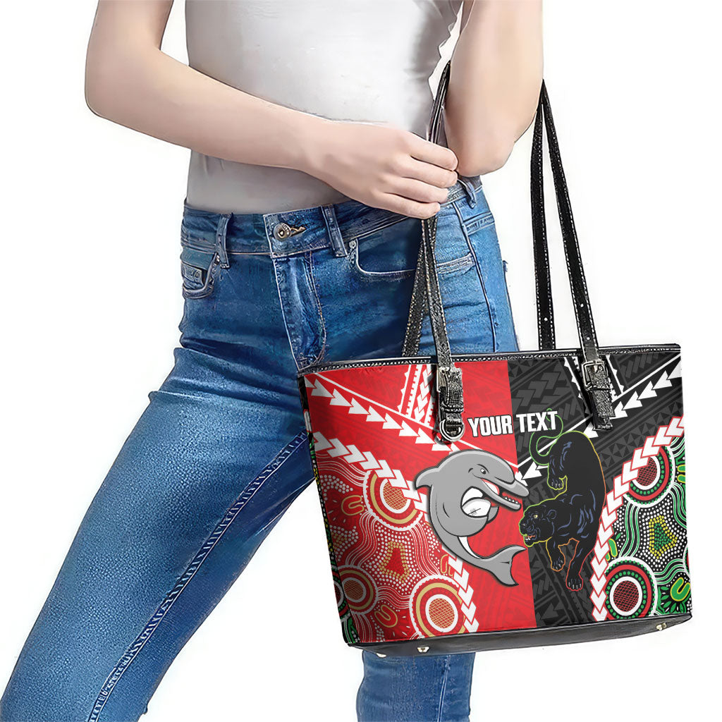 Custom Rugby Panthers and Dolphins Leather Tote Bag 2026 Together Aboriginal Polynesian Pattern