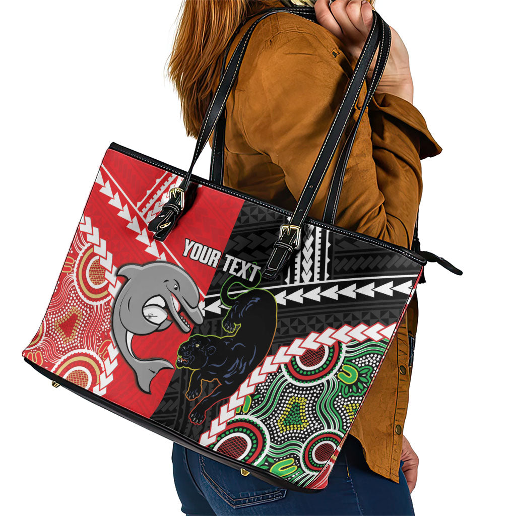 Custom Rugby Panthers and Dolphins Leather Tote Bag 2026 Together Aboriginal Polynesian Pattern