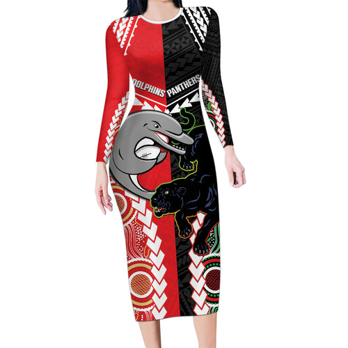 Custom Rugby Panthers and Dolphins Long Sleeve Bodycon Dress 2026 Together Aboriginal Polynesian Pattern