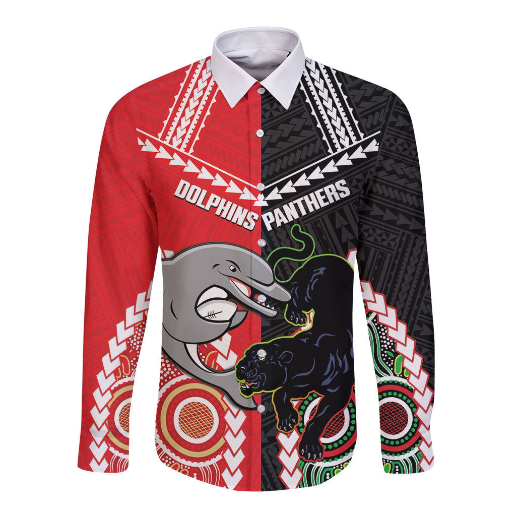 Custom Rugby Panthers and Dolphins Long Sleeve Button Shirt 2026 Together Aboriginal Polynesian Pattern